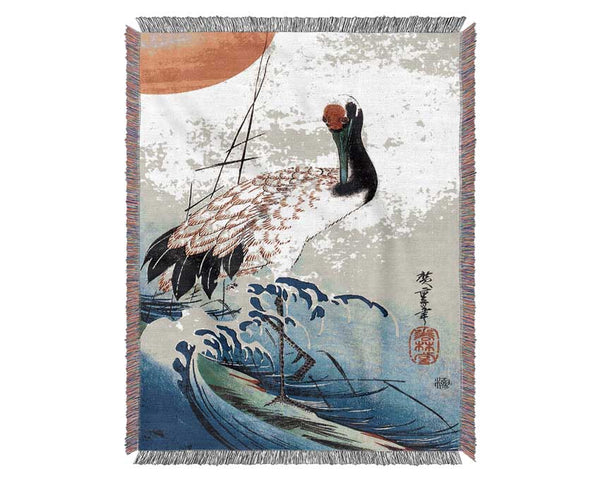 Hiroshige Crane And Rising Sun Woven Blanket