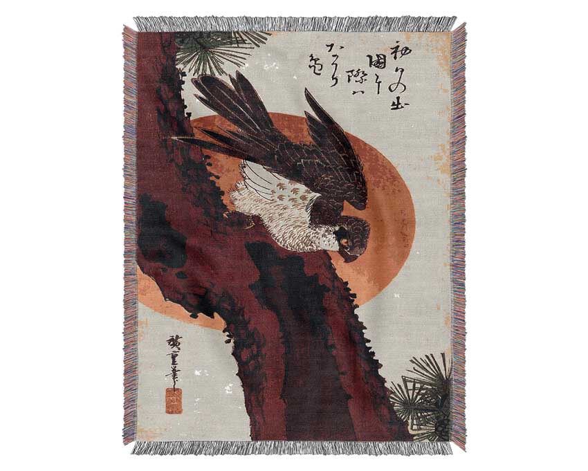 Hiroshige Falcon On A Pine With Rising Sun Woven Blanket