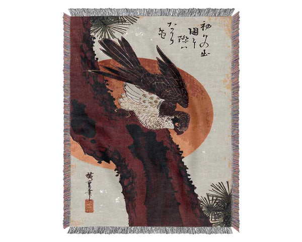 Hiroshige Falcon On A Pine With Rising Sun Woven Blanket