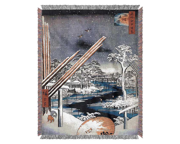 Hiroshige Fukagawa Lumberyards Woven Blanket