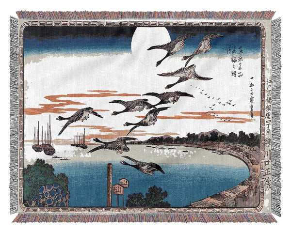 Hiroshige Geese Descending Over A Bay Woven Blanket