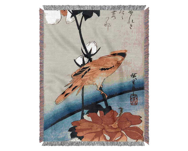 Hiroshige Golden Oriole On A Hibiscus Branch Woven Blanket