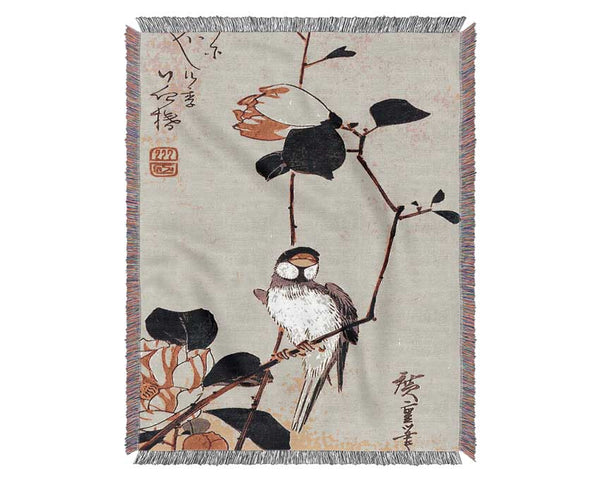 Hiroshige Java Sparrow On A Magnolia Branch Woven Blanket