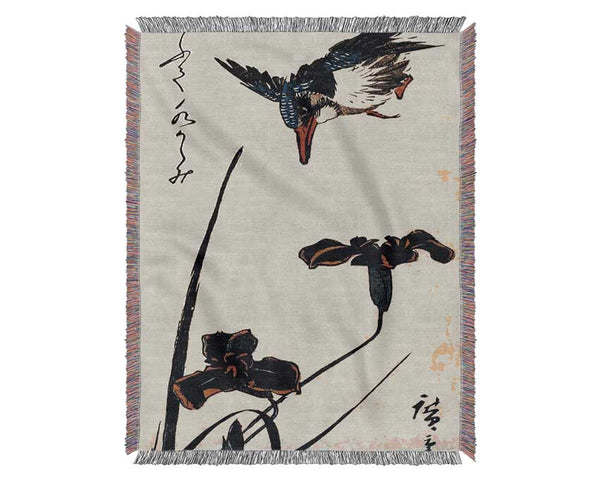 Hiroshige Kingfisher And Lilies 2 Woven Blanket