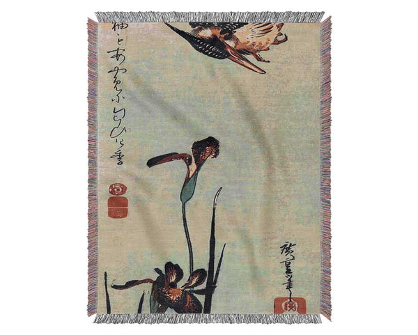 Hiroshige Kingfisher With Lilies Woven Blanket
