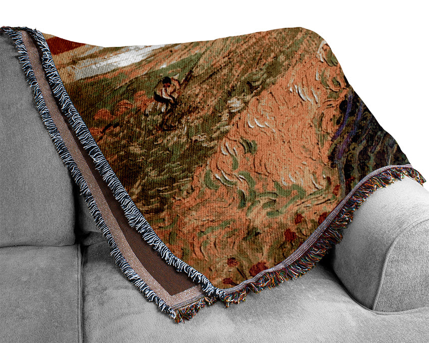 Van Gogh Landscape With Carriage And Train In The Background Woven Blanket