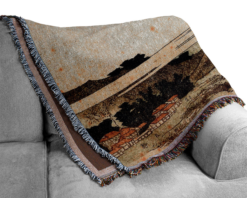 Hokusai Mountain Landscape With A Bridge Woven Blanket