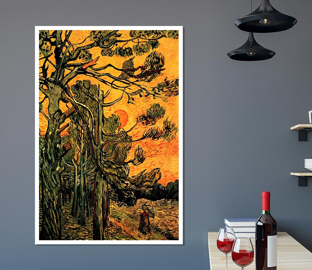 Van Gogh Pine Trees Against A Red Sky With Setting Sun Print Poster Wall Art