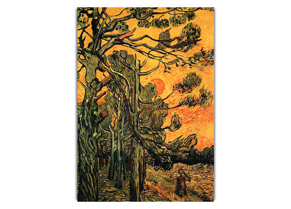 Kiefern vor einem roten Himmel mit untergehender Sonne von Van Gogh