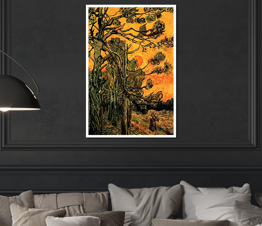 Van Gogh Pine Trees Against A Red Sky With Setting Sun Print Poster Wall Art