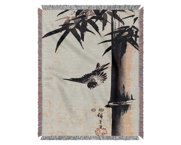 Hiroshige Sparrow And Bamboo 2 Woven Blanket