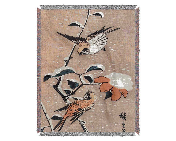 Hiroshige Sparrows And Camelias With Snow Woven Blanket