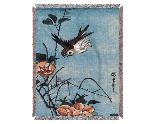 Hiroshige Sparrows And Wild Rose Woven Blanket