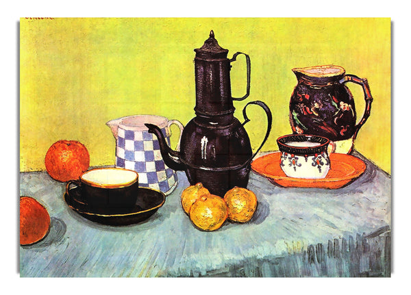 Stillleben mit blauer Emaille-Kaffeekanne, Steingut und Obst von Van Gogh