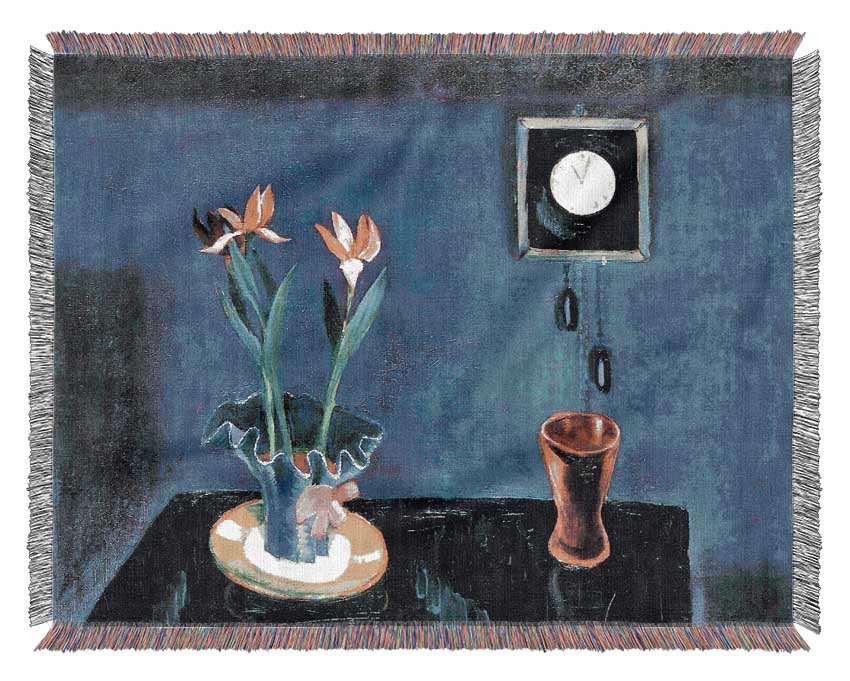 Walter Gramatte Still Life With Clock And Tulip Pot Woven Blanket