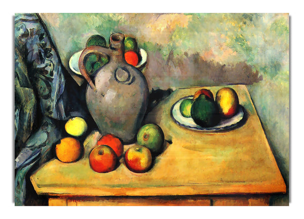 Stillleben, Krug und Obst auf einem Tisch von Cezanne
