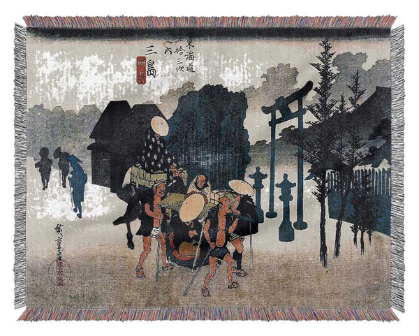 Hiroshige Travellers Passing A Shrine Woven Blanket