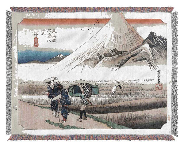 Hiroshige Travellers Passing Mount Fuji Woven Blanket