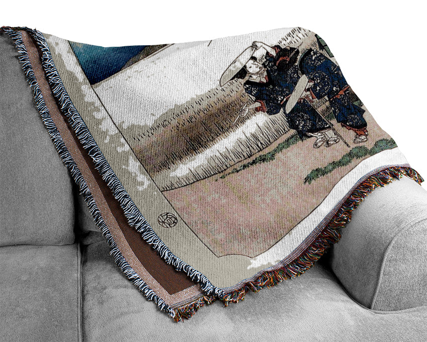 Hiroshige Travellers Passing Mount Fuji Woven Blanket
