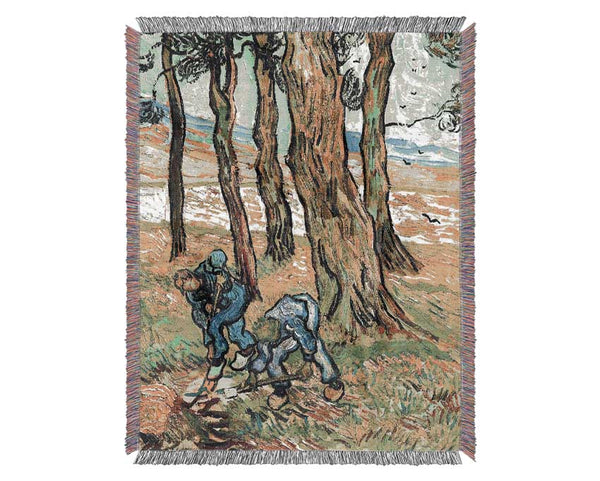 Van Gogh Two Men In Digging Out A Tree Stump Woven Blanket