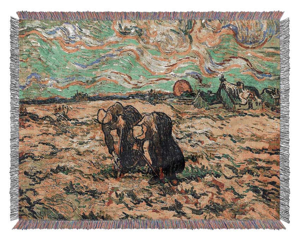 Van Gogh Two Peasant Women Digging In Field With Snow Woven Blanket