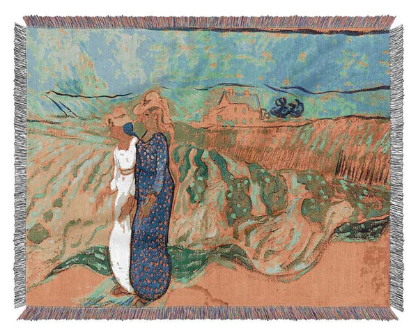 Van Gogh Two Women Crossing The Fields Woven Blanket