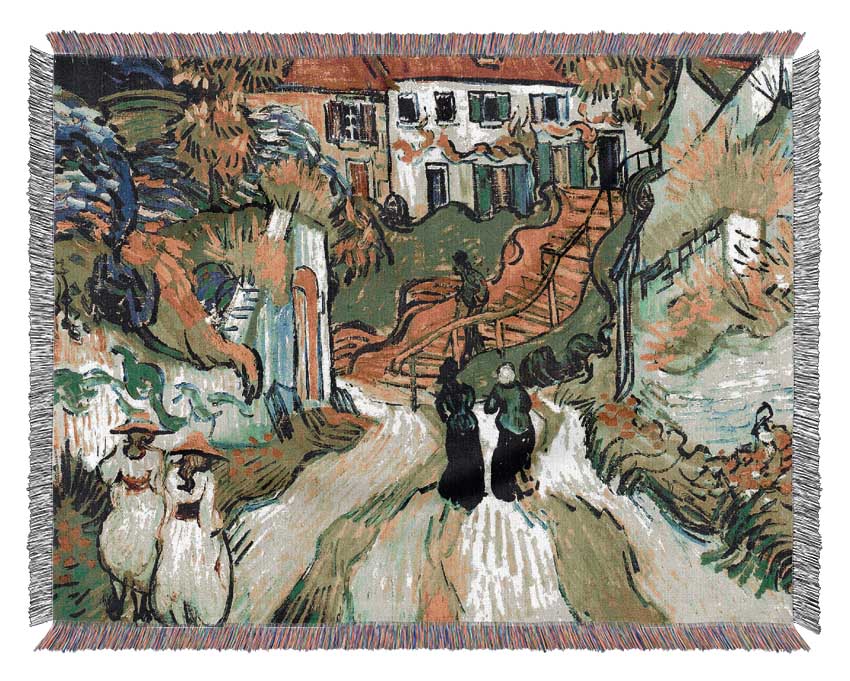 Vincent Van Gogh Village Street And Steps In Auvers With Figures Woven Blanket