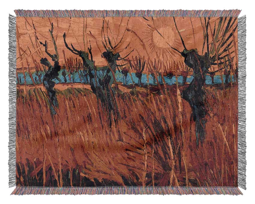 Van Gogh Willows At Sunset Woven Blanket