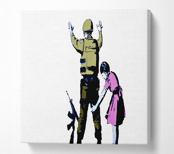 A Square Canvas Print Showing Child Frisking Soldier Square Wall Art