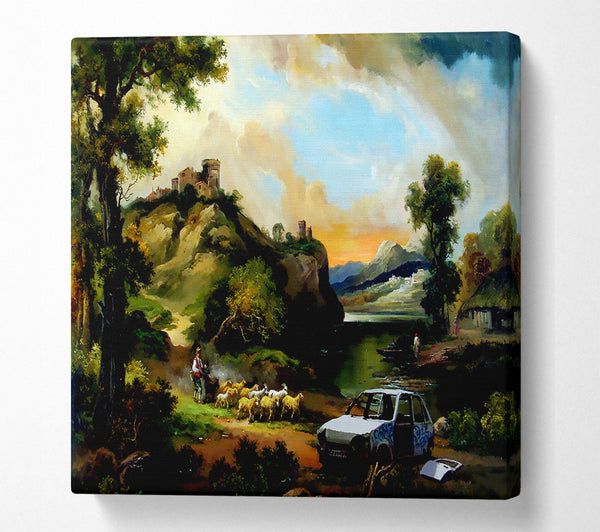 A Square Canvas Print Showing Countryside Junk Yard Square Wall Art