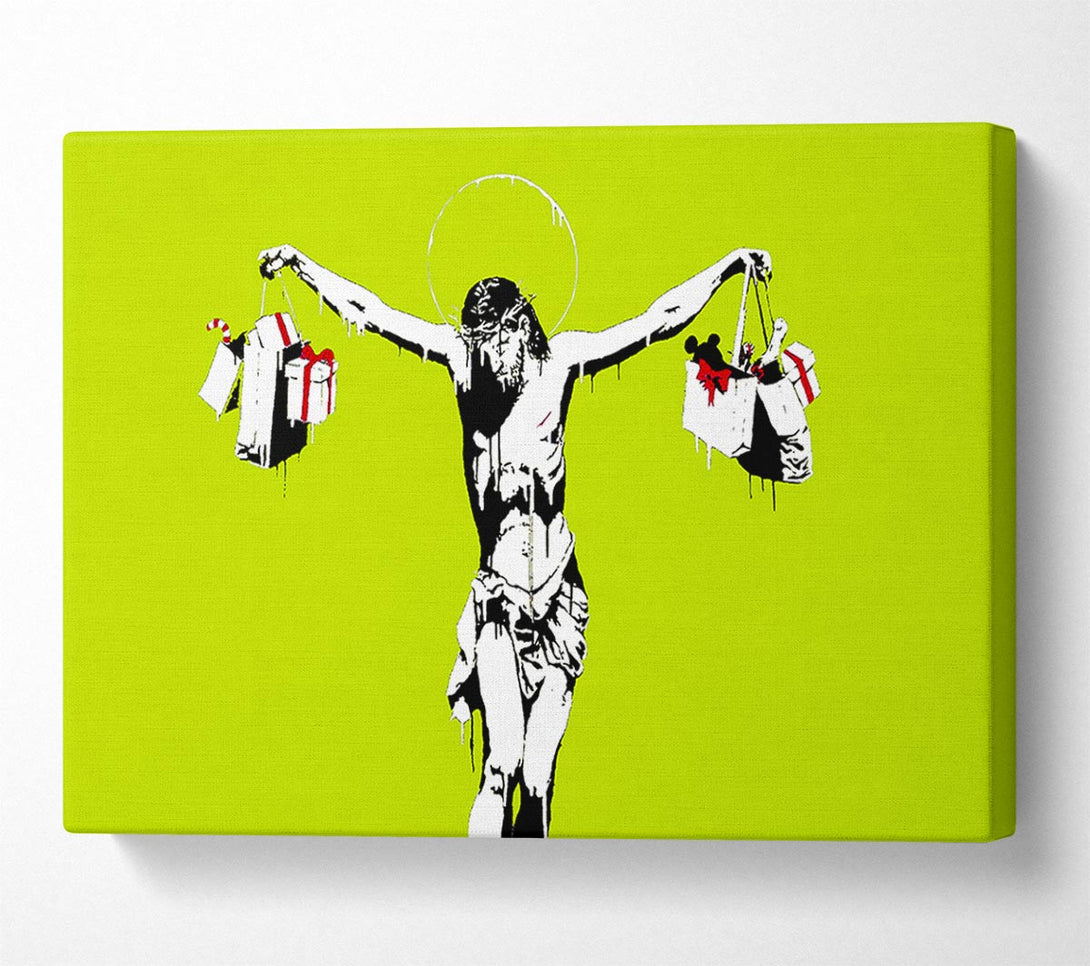  A Canvas Print of Banksy Thank Christ For Shopping Lime Canvas Print