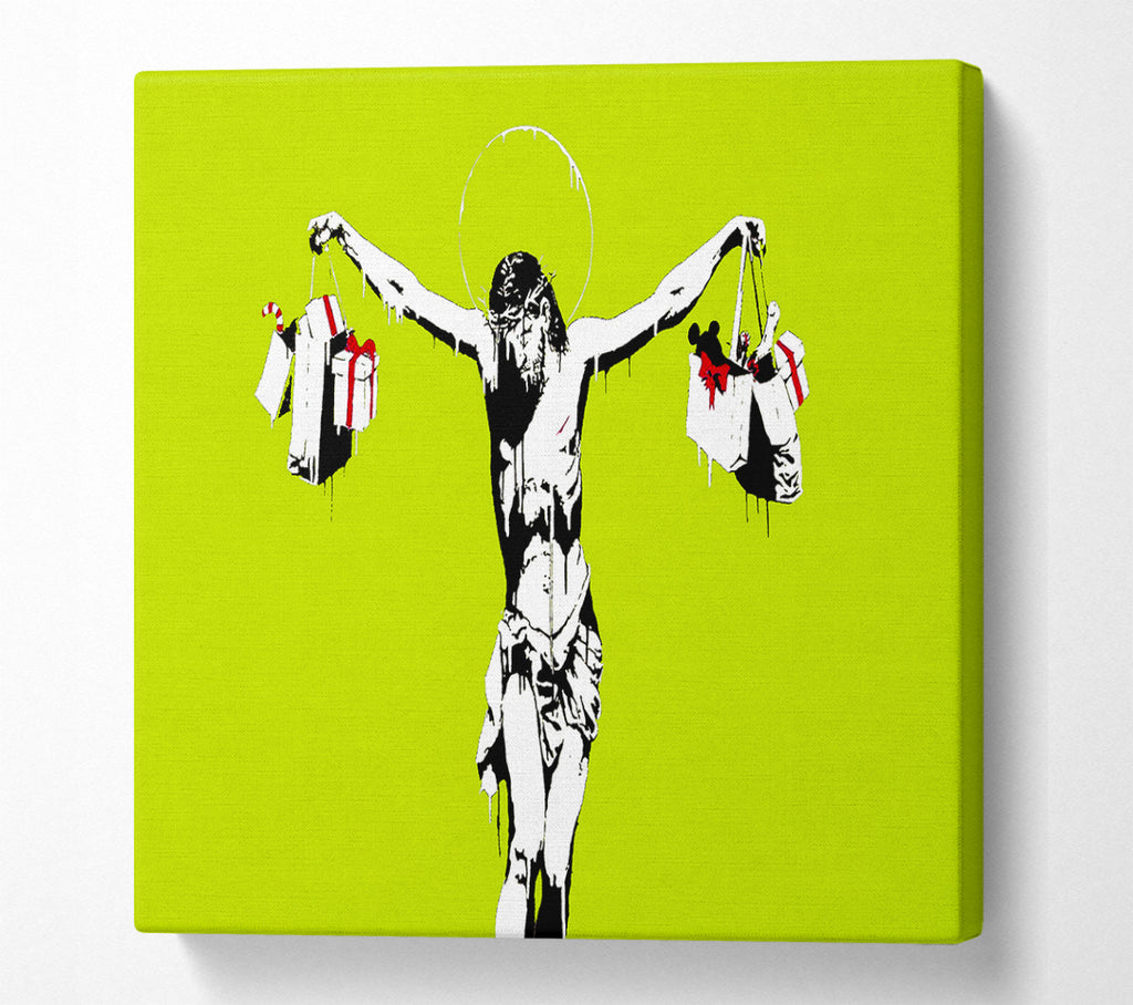 A Square Canvas Print Showing Thank Christ For Shopping Lime Square Wall Art