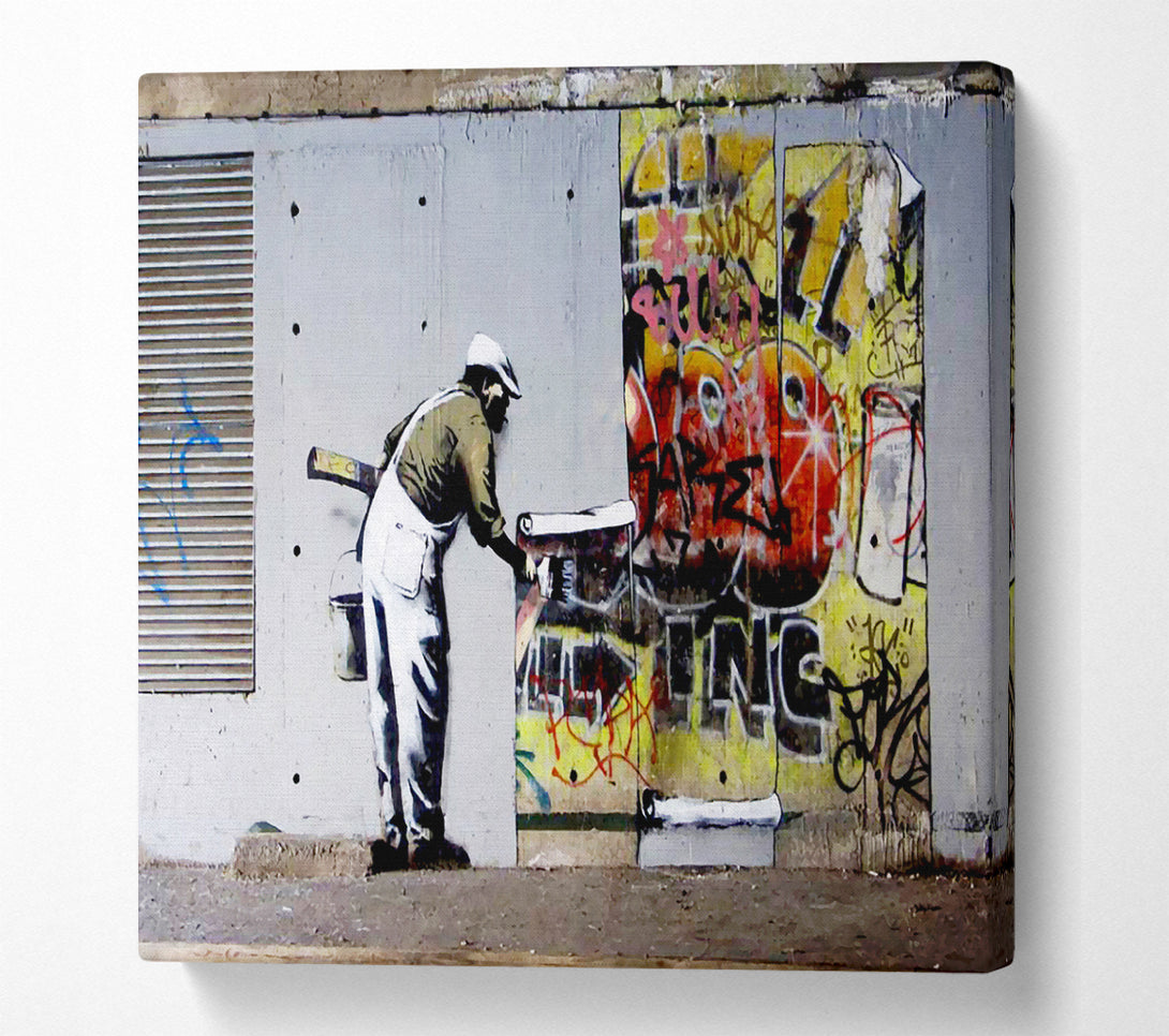 A Square Canvas Print Showing Wallpaper Over Robbo Graffiti Square Wall Art