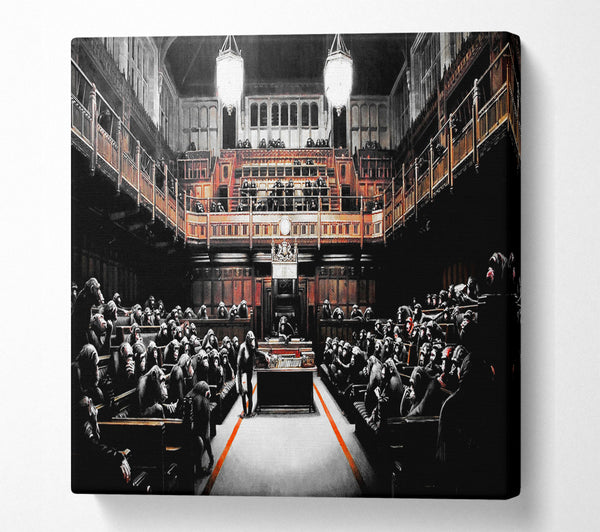 A Square Canvas Print Showing Buy Banksy Monkey Devolved Parliament Canvas Square Wall Art