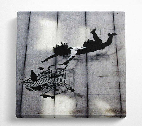 A Square Canvas Print Showing Flying Shopping Trolley Square Wall Art