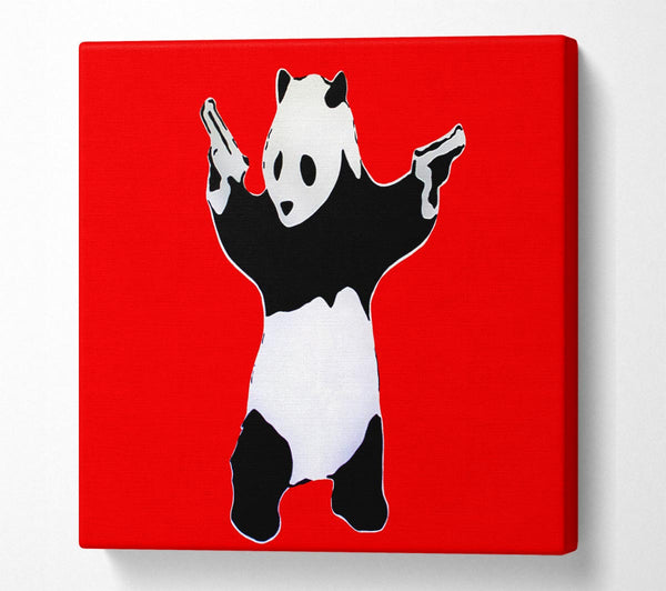 Picture of Panda Hold-Up Red Square Canvas Wall Art