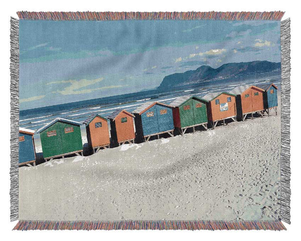 Beach Huts Rainbow Woven Blanket