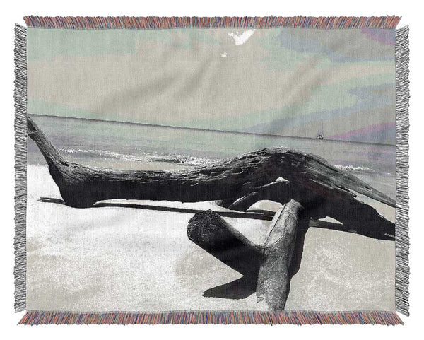 Ocean Drift Wood On The Shore B n W Woven Blanket