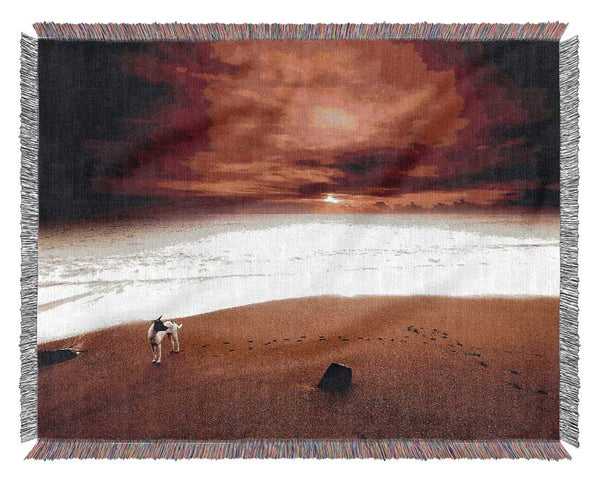 Dog On The Sunset Beach Woven Blanket