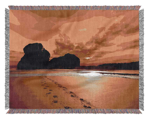 Footprints In The Orange Ocean Sand Woven Blanket
