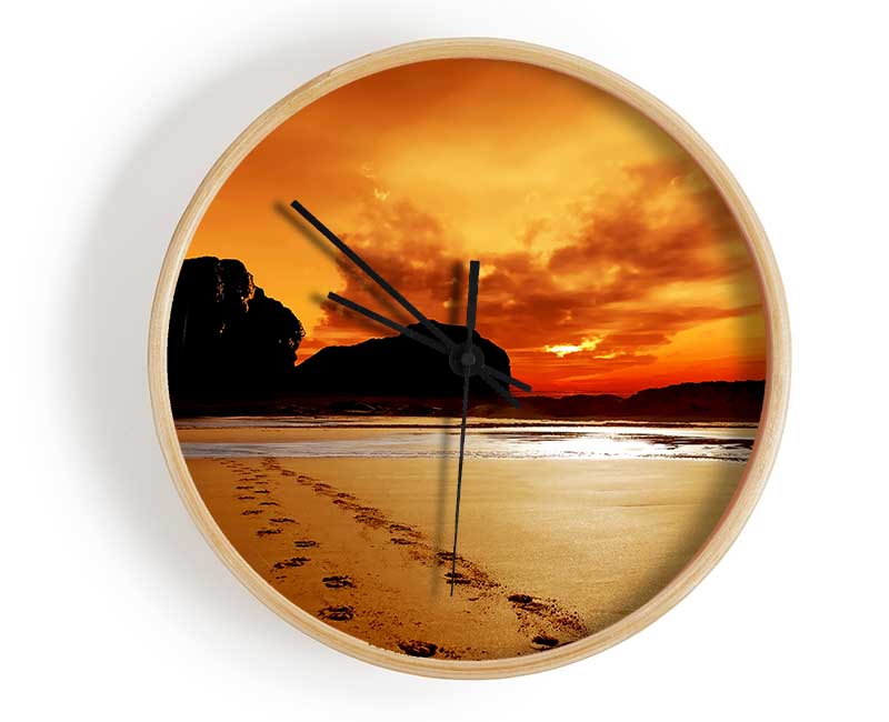 Footprints In The Orange Ocean Sand Clock - Wallart-Direct UK