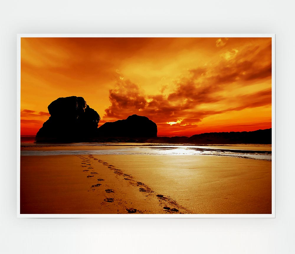 Footprints In The Orange Ocean Sand Print Poster Wall Art