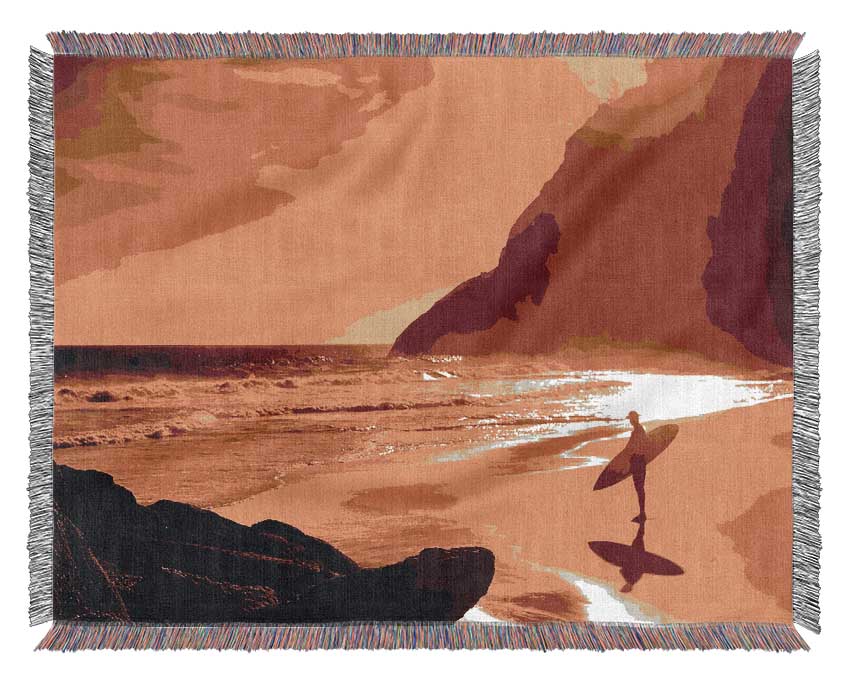 Surfer At Dawn Orange Woven Blanket