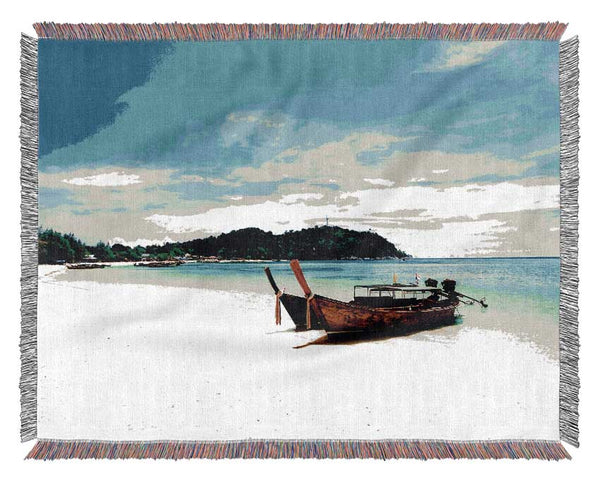 Boats On The White Sand Paradise Island Woven Blanket