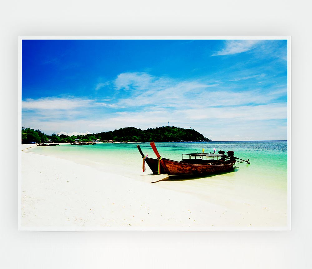 Boats On The White Sand Paradise Island Print Poster Wall Art