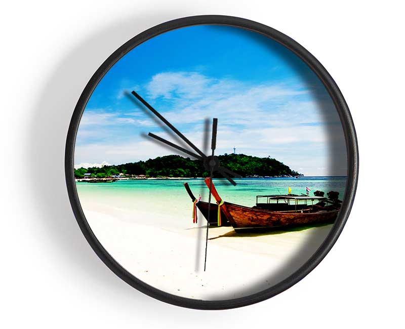 Boats On The White Sand Paradise Island Clock - Wallart-Direct UK