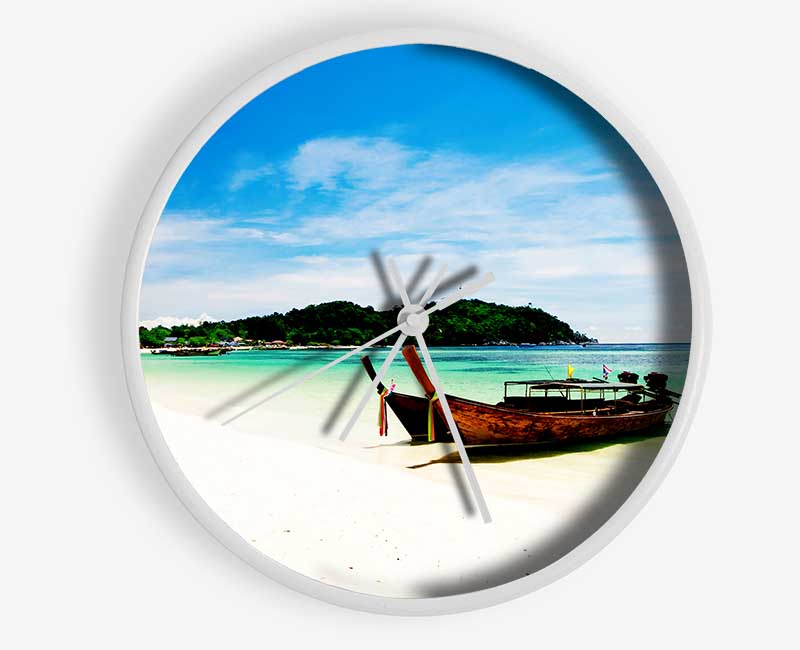 Boats On The White Sand Paradise Island Clock - Wallart-Direct UK