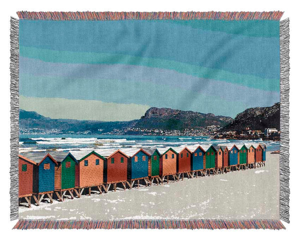Colourful Beach Hut Line-Up Woven Blanket