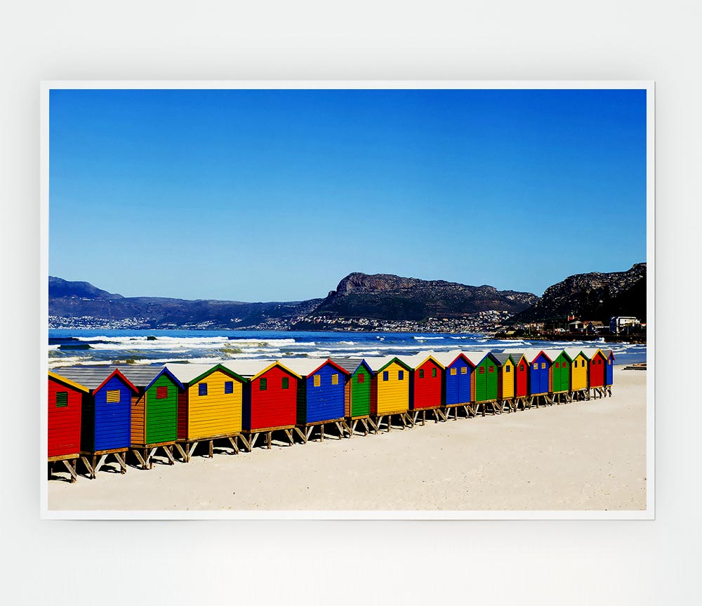 Colourful Beach Hut Line Up Print Poster Wall Art