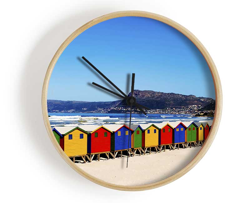 Colourful Beach Hut Line-Up Clock - Wallart-Direct UK